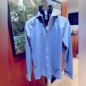 Eton - 15.5 - 39 Slim - Blue Herringbone Luxury Dress Shirt - Spread Collar